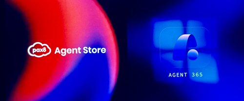 Pax8 Agent Store graphic featuring Agent 365 branding on a red and blue abstract background.